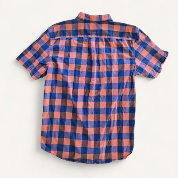 Old Navy The Classic Slim Fit Button Down Short Sleeve Plaid Orange Blue Shirt L - Picture 2 of 7